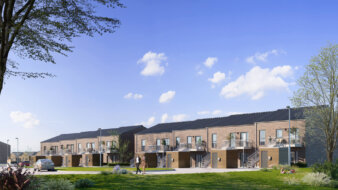 Projektet på Borgdalsvej i Sejs-Svejbæk ved Silkeborg består af 26 étplansrækkehuse og 52 lejligheder med et samlet beboelsesareal på 8.000 kvm. Illustration: Constructa