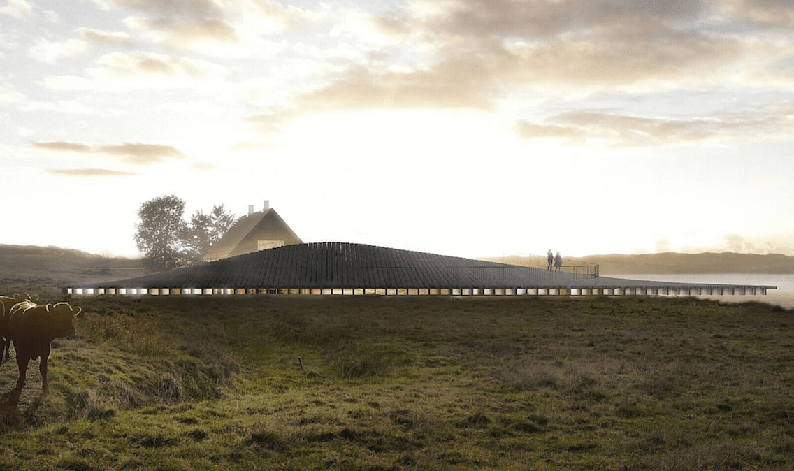 Det måske kommende velkomstcenter ved Kalø Vig i Nationalpark Mols Bjerge. Illustration: Arkitema Architects