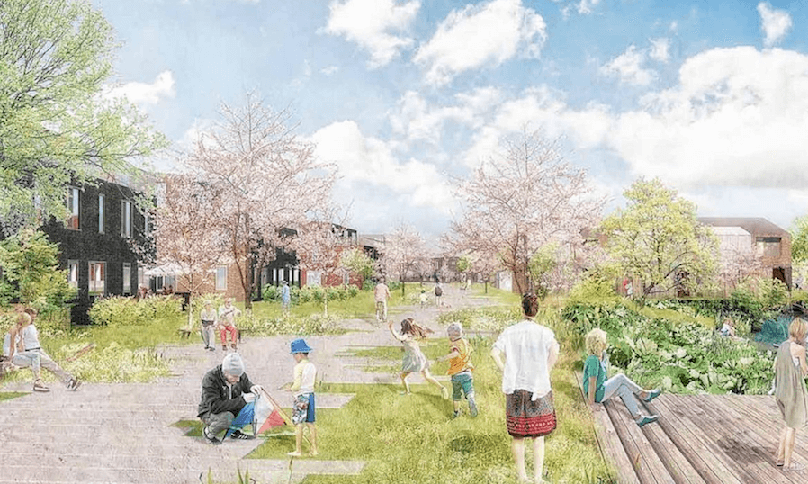 Brøndby Kommune har tidligere offentliggjort denne illustration af det nye boligområde Kirkebjerg. Der er endnu ingen illustration af det eksakte boligprojekt, som nu er blevet handlet